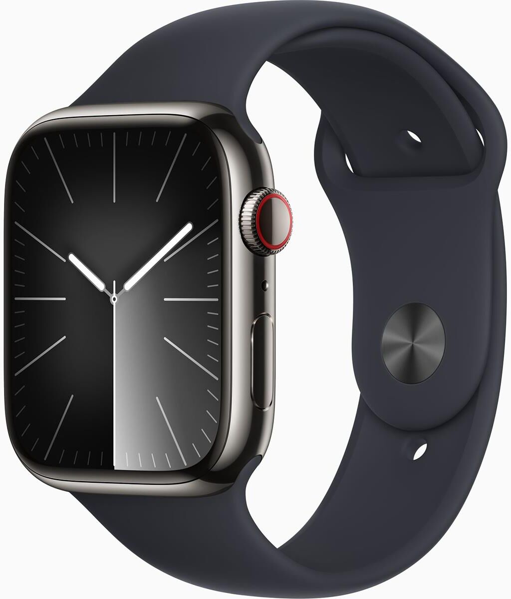 Apple Watch Series 9 GPS + Cellular Stainless Steel Case, Medium/Large Strap Midnight Sport Band Graphite Case 45mm