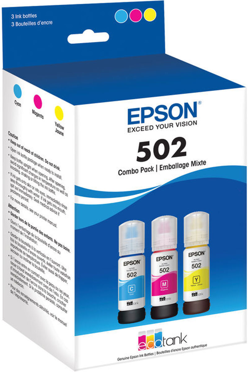 Epson T502 Dye Color Combo Ink Bottles with Sensormatic, 3 Pack