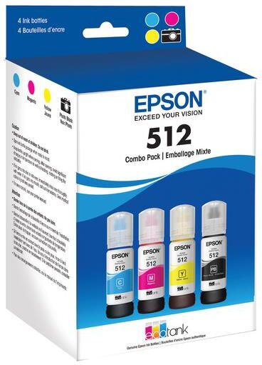 Epson T512 Dye Color Combo Ink Bottles with Sensormatic, 1 Pack of 4 Bottles