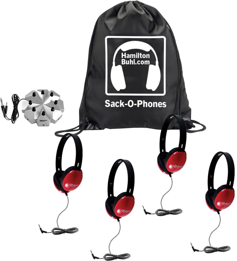 Hamilton Buhl HamiltonBuhl Sack-O-Phones - 4x Primo Headphones, 3.5mm Jackbox, Carry Bag, Red