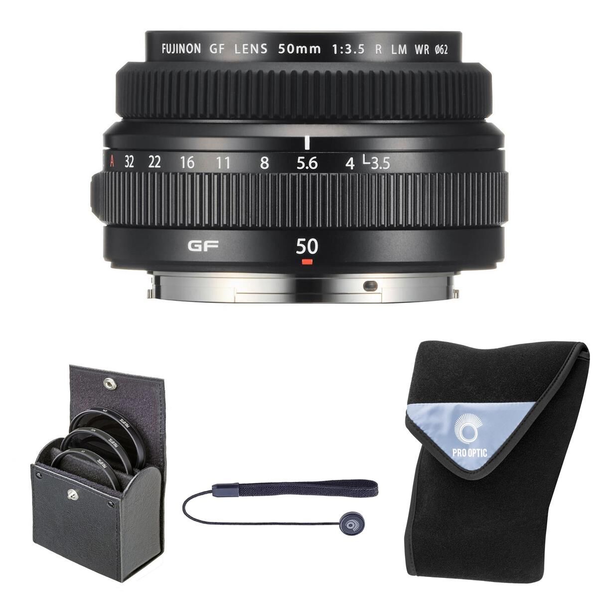 Fuji GF 50mm f/3.5 R LM WR Lens, Bundle w/62mm Filter Kit &amp; 15x15&quot; Lens Wrap