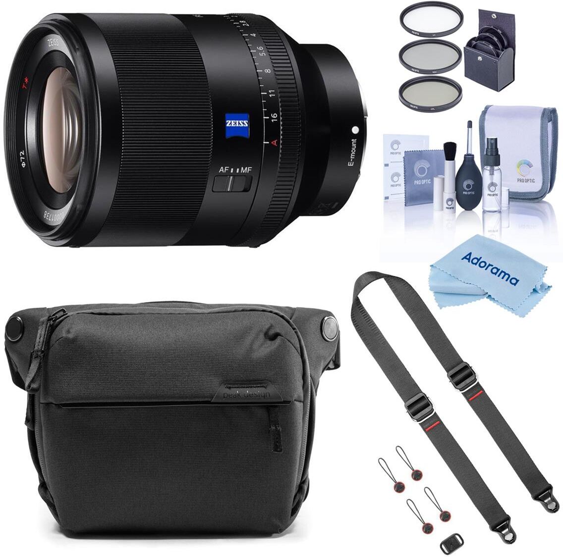 Sony Planar T* FE 50mm f/1.4 ZA Lens w/Peak Design 6L Everyday Sling V2, Strap