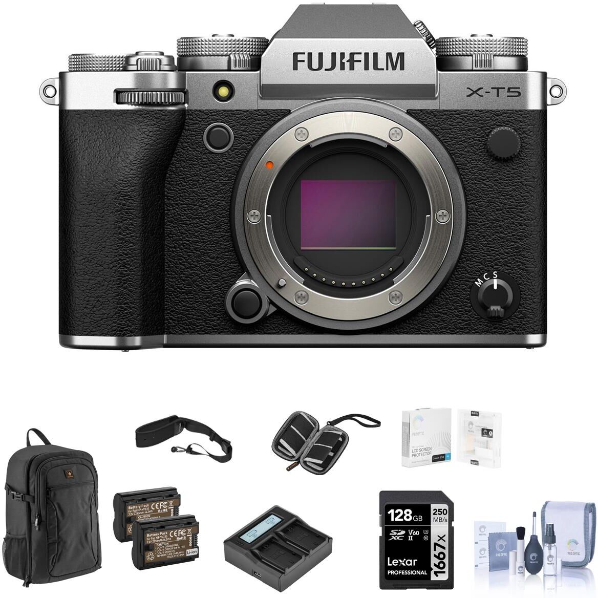 Fuji X-T5 Mirrorless Camera, Silver, Bundle with Accessory Kit