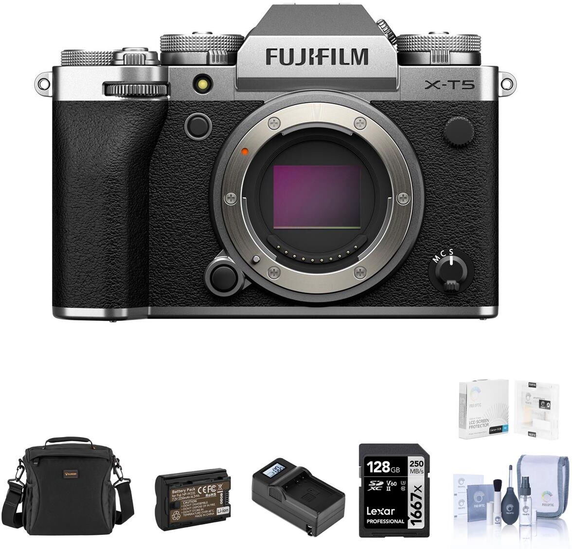 Fuji X-T5 Mirrorless Camera, Silver, Bundle with Essentials Kit