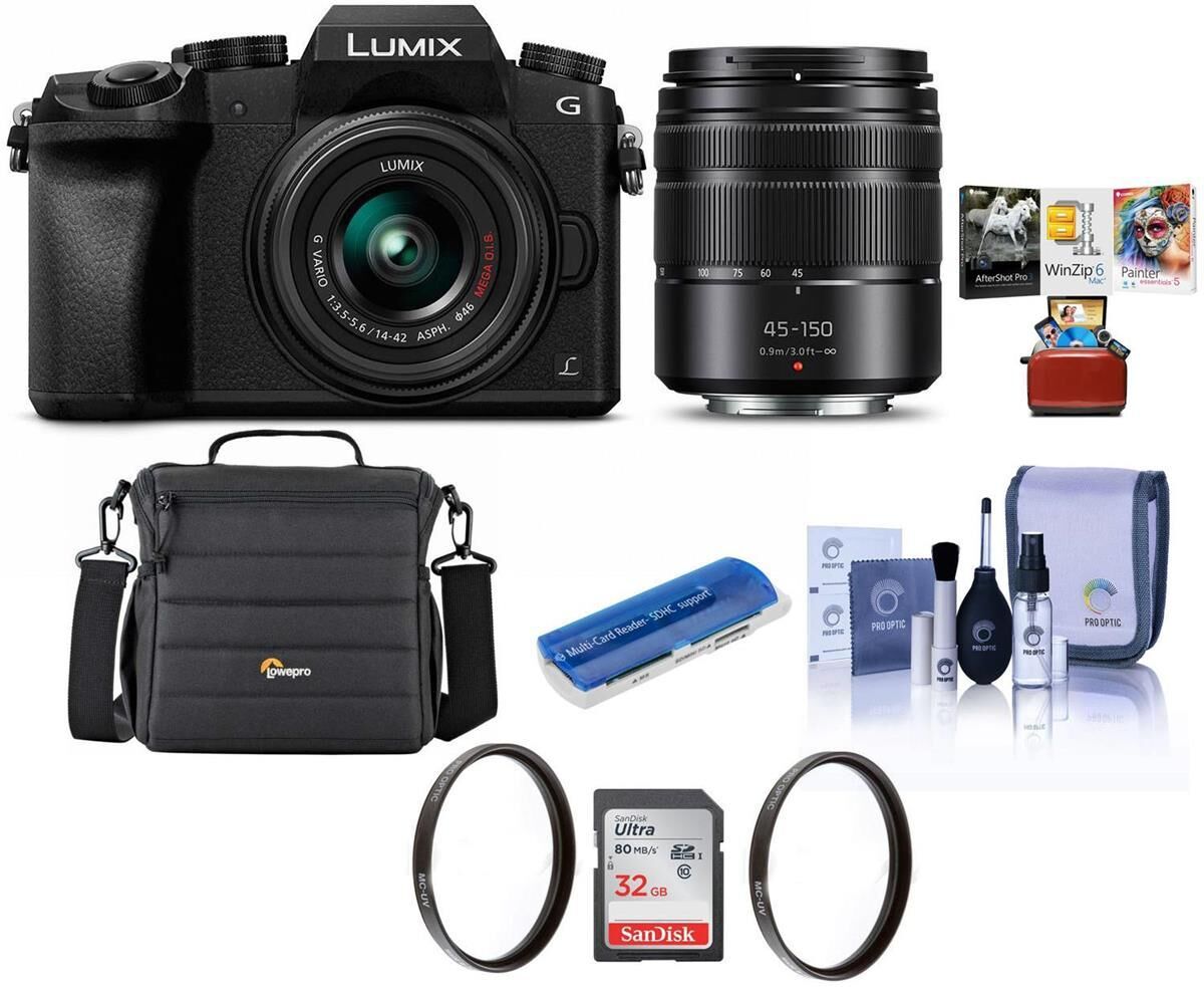 Panasonic Lumix DMC-G7 Camera w/14-42mm &amp; 45-150mm lens, Black &amp; Included Value