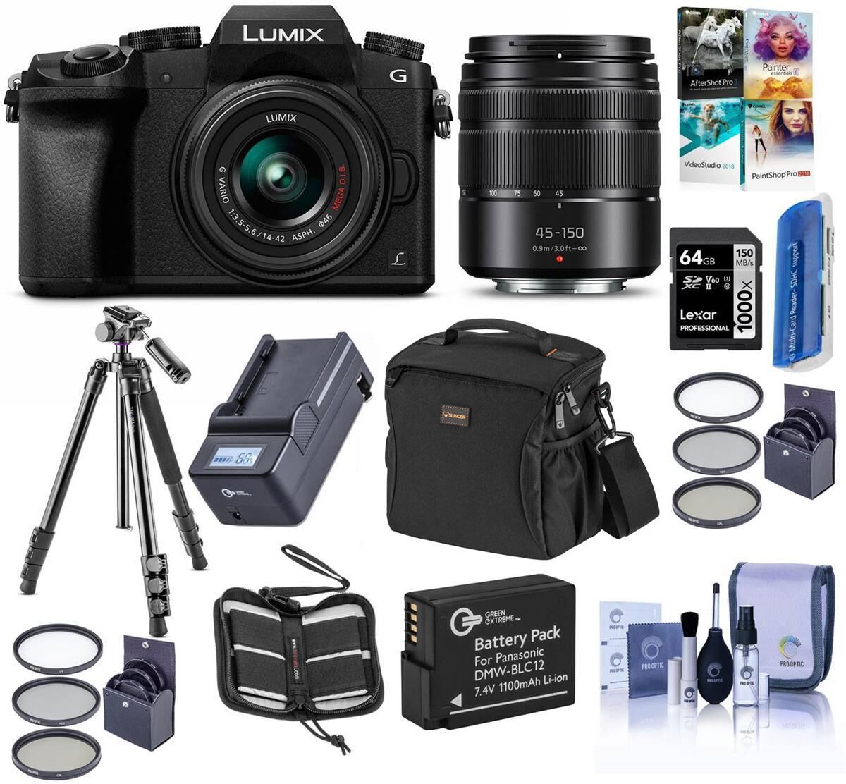 Panasonic Lumix DMC-G7 Camera w/14-42mm &amp; 45-50mm Lens, Black &amp; Complete Kit