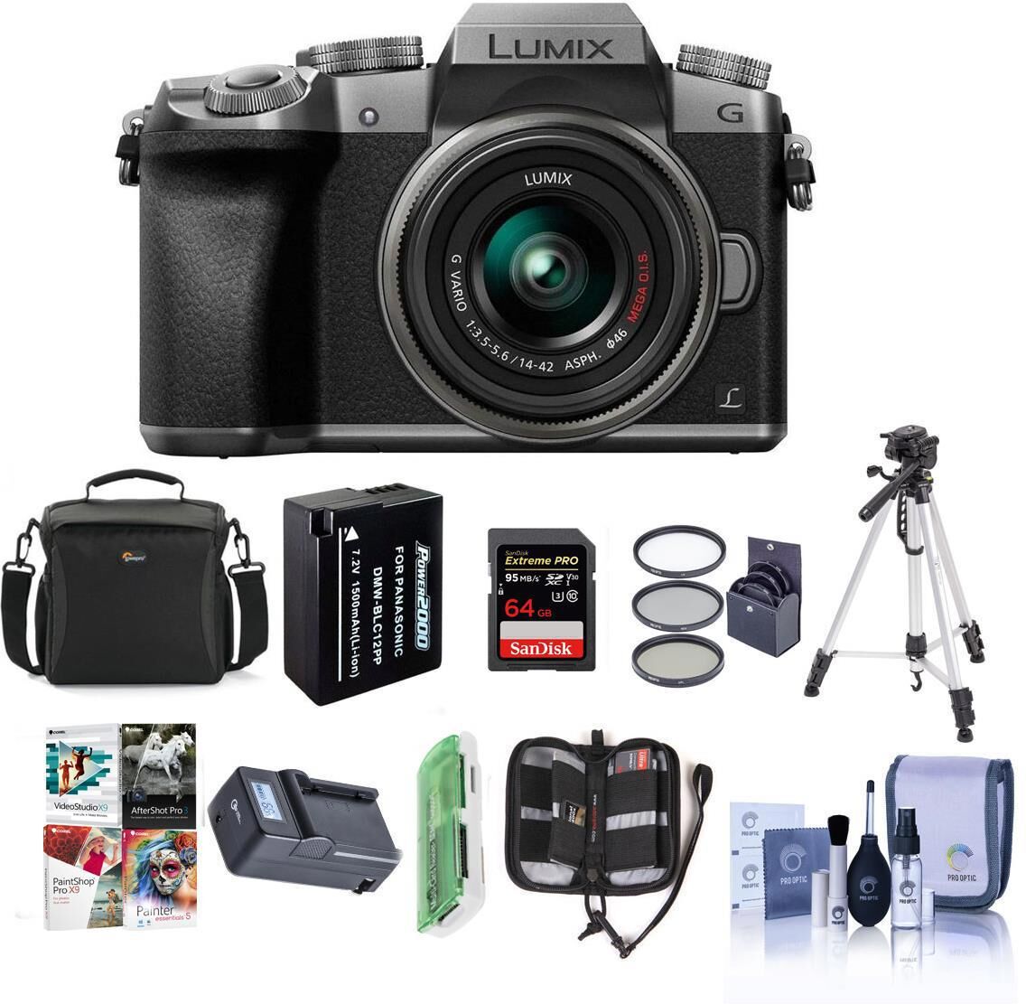 Panasonic Lumix DMC-G7 Mirrorless Camera w/14-42mm Lens, Silver &amp; Complete Kit