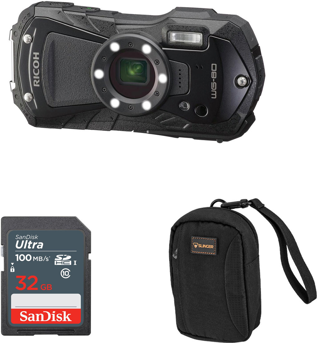 Ricoh WG-80 Waterproof Digital Camera, Black with 32GB SD Card, Case