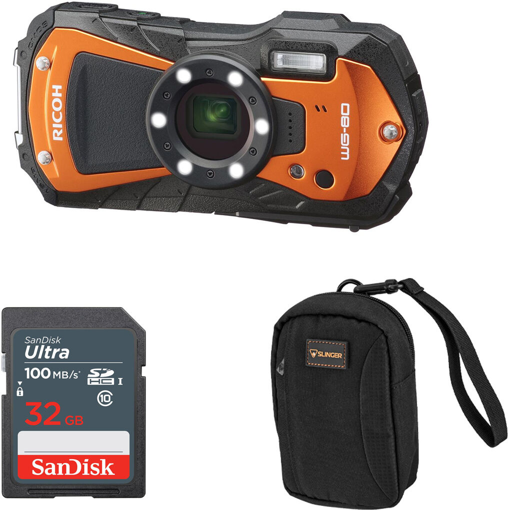 Ricoh WG-80 Waterproof Digital Camera, Orange with 32GB SD Card, Case