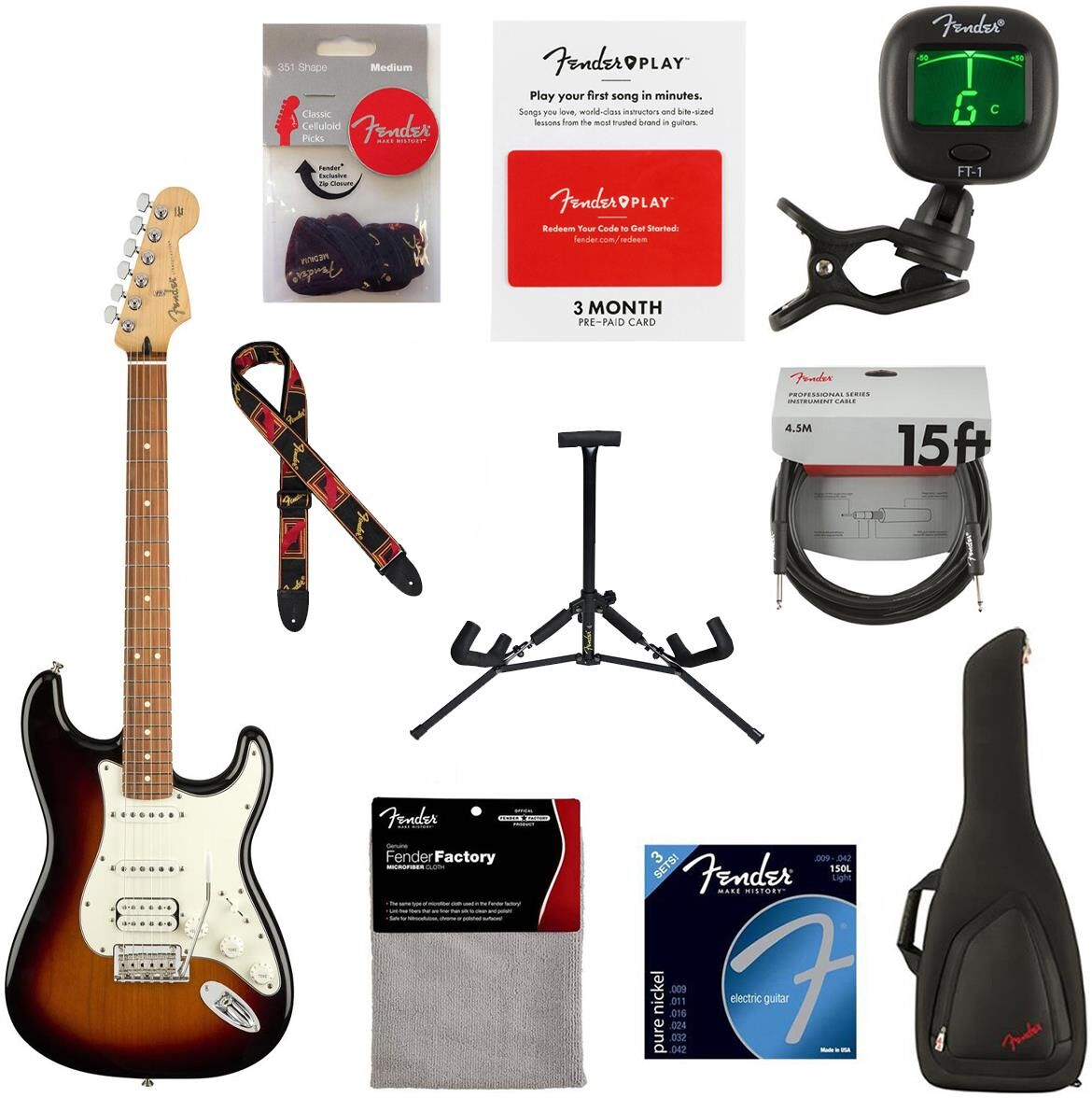 Fender Player Stratocaster HSS Electric Guitar, Pau Ferro, With 9 Pack Acc Kit