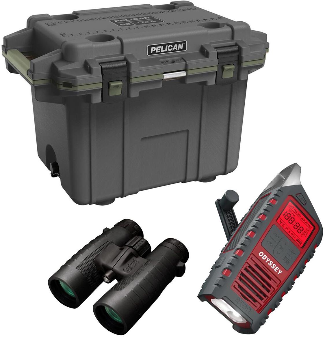 Pelican 50QT Elite Cooler, Gun Metal/OD Green w/10x42 Binoculars,Emergency Radio