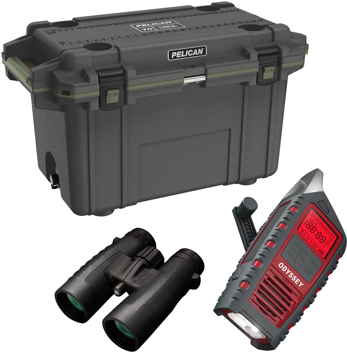 Pelican 70QT Elite Cooler, Gun Metal/OD Green w/10x42 Binoculars,Emergency Radio