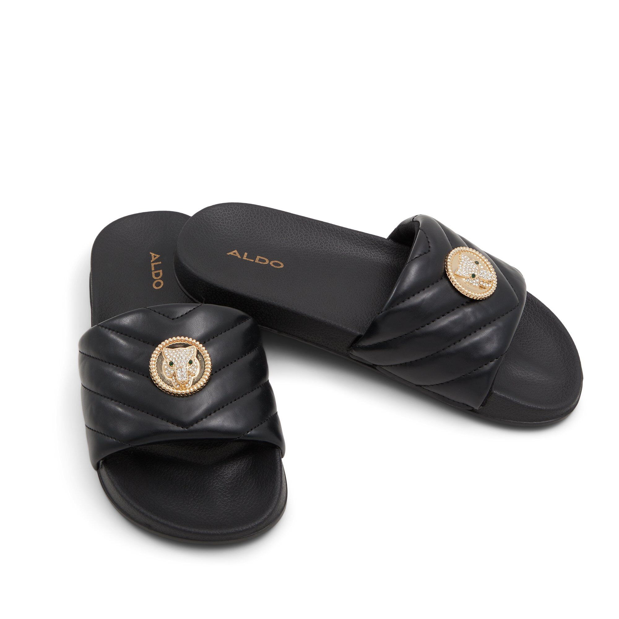 ALDO Leilany - Women's Flat Sandals - Black/Gold, Size 6