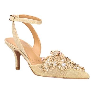 J.Renee Women's Desdemona Ankle Strap Pump in Gold, Mesh/Fabric, Size 6.5 M, 2.75 Inch Heel J.Renee Women's Desdemona Ankle Strap Pump in Gold, Mesh/Fabric, Size 6.5 M, 2.75 Inch Heel