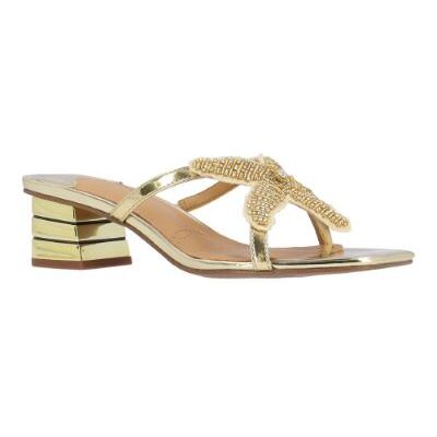J.Renee Women's Sunstar Thong Sandal in Gold and Natural, Patent/Rhinestones/Beading, Size 8 W, 1.75 Inch Heel J.Renee Women's Sunstar Thong Sandal in Gold and Natural, Patent/Rhinestones/Beading, Size 8 W, 1.75 Inch Heel