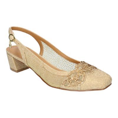 J.Renee Faleece Comfortable Wedding GOLD GLITTER/MESH Glitter Fabric Low Block Heel Pump w/ Beaded Ornament - 10.5 WW