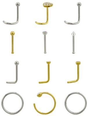 Spencer's Multi-Pack Silver and Gold CZ Heart Nose Pins and Hoops 12 Pack - 20 G