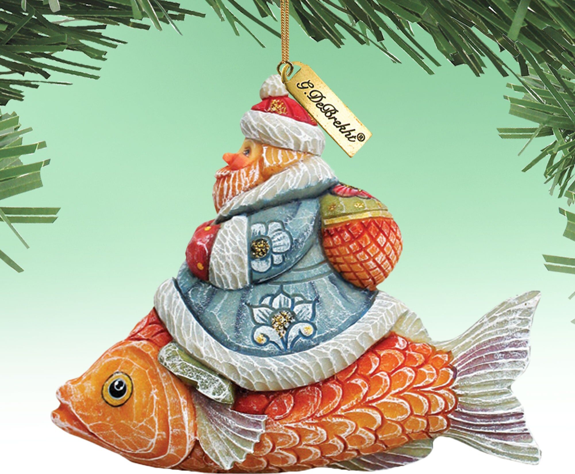 Designocracy Santa On Fish Handpainted Ornament G. DeBrekht