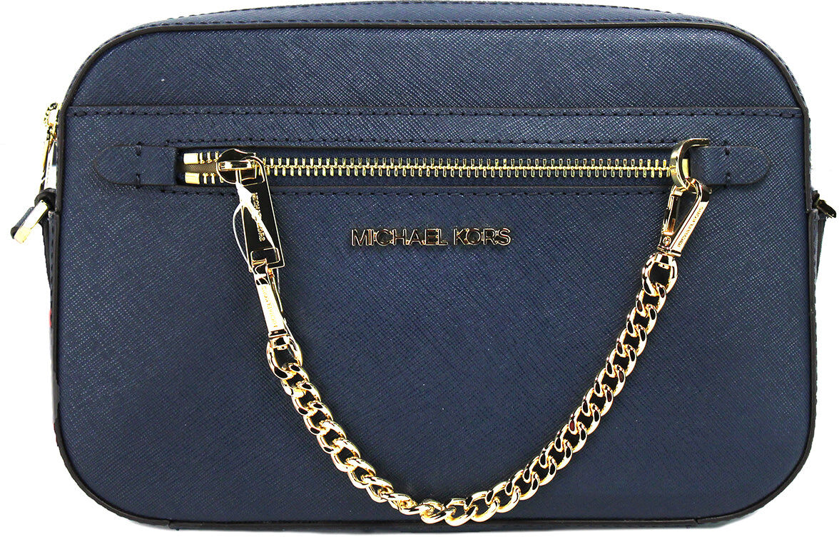 Michael Kors Jet Set Large East West Navy Leather Zip Chain Crossbody Bag Women's Purse female