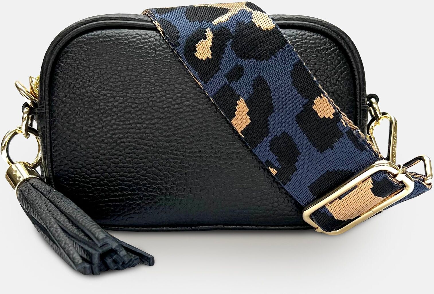 Apatchy London The Mini Tassel Black Leather Phone Bag With Navy Leopard Strap Small female