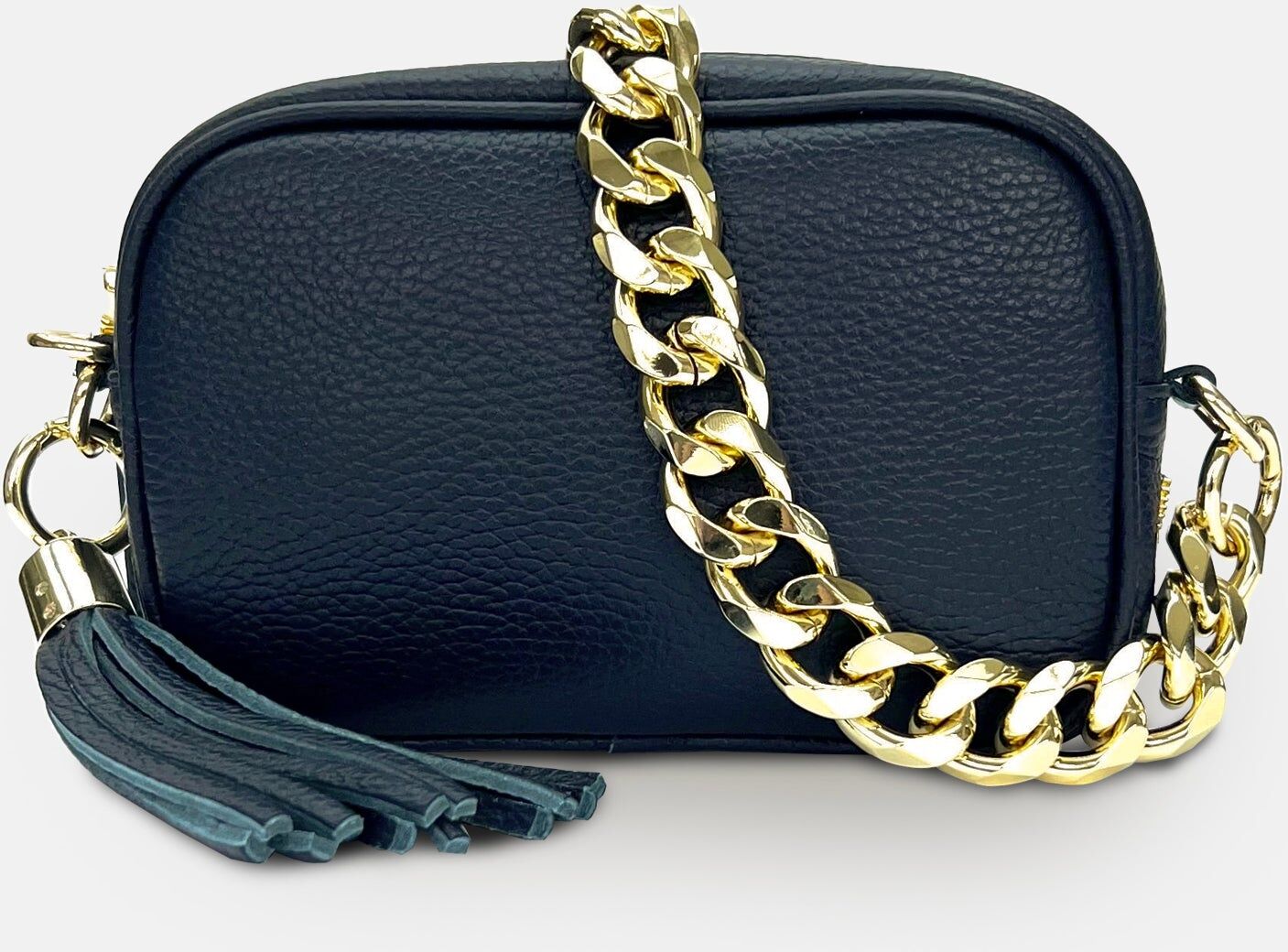 Apatchy London The Mini Tassel Navy Leather Phone Bag With Gold Chain Strap Small female