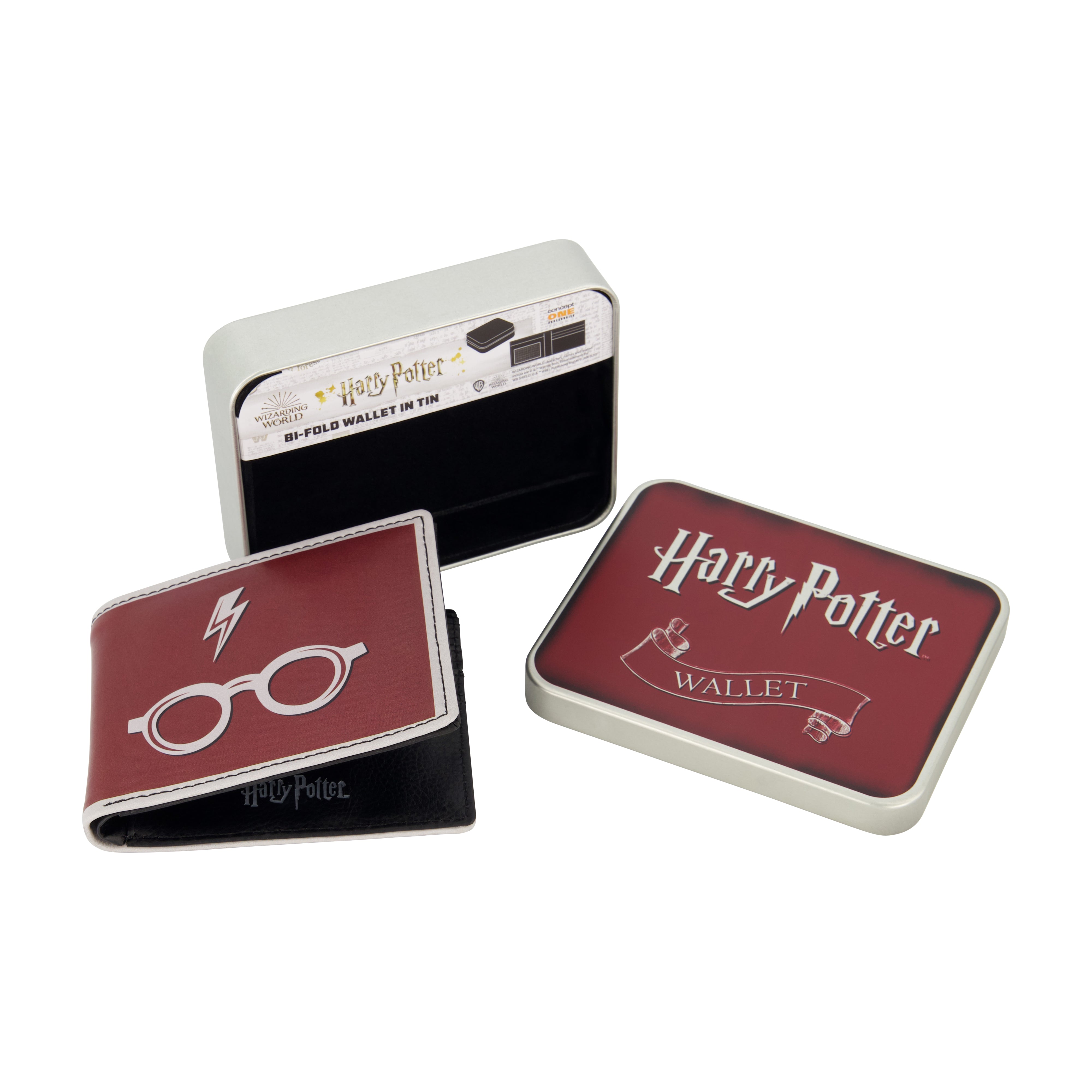Concept One WB HARRY POTTER Lightining Bolt And Glasses in Burgundy Bifold Wallet, Slim Wallet with Decorative Tin for Men and Women male