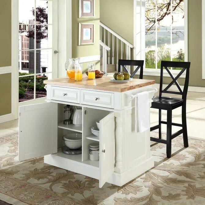 Crosley Furniture Oxford Natural Wood Top Kitchen Island With 2 Bar Stools