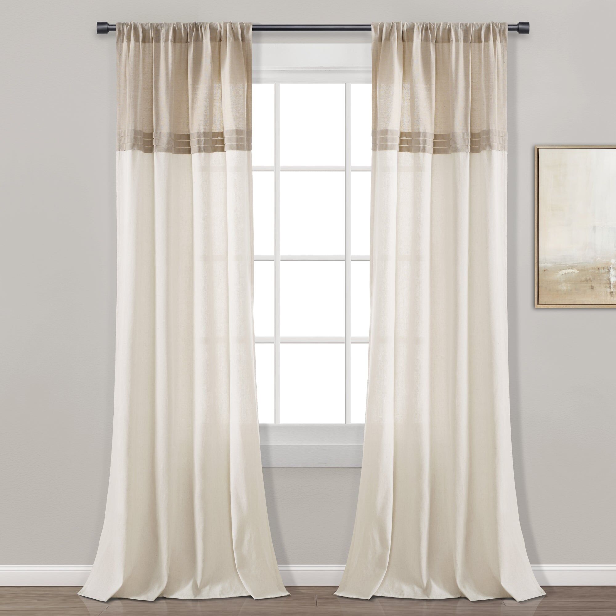 Lush Decor Farmhouse Faux Linen Colorblock Pleated Window Curtains