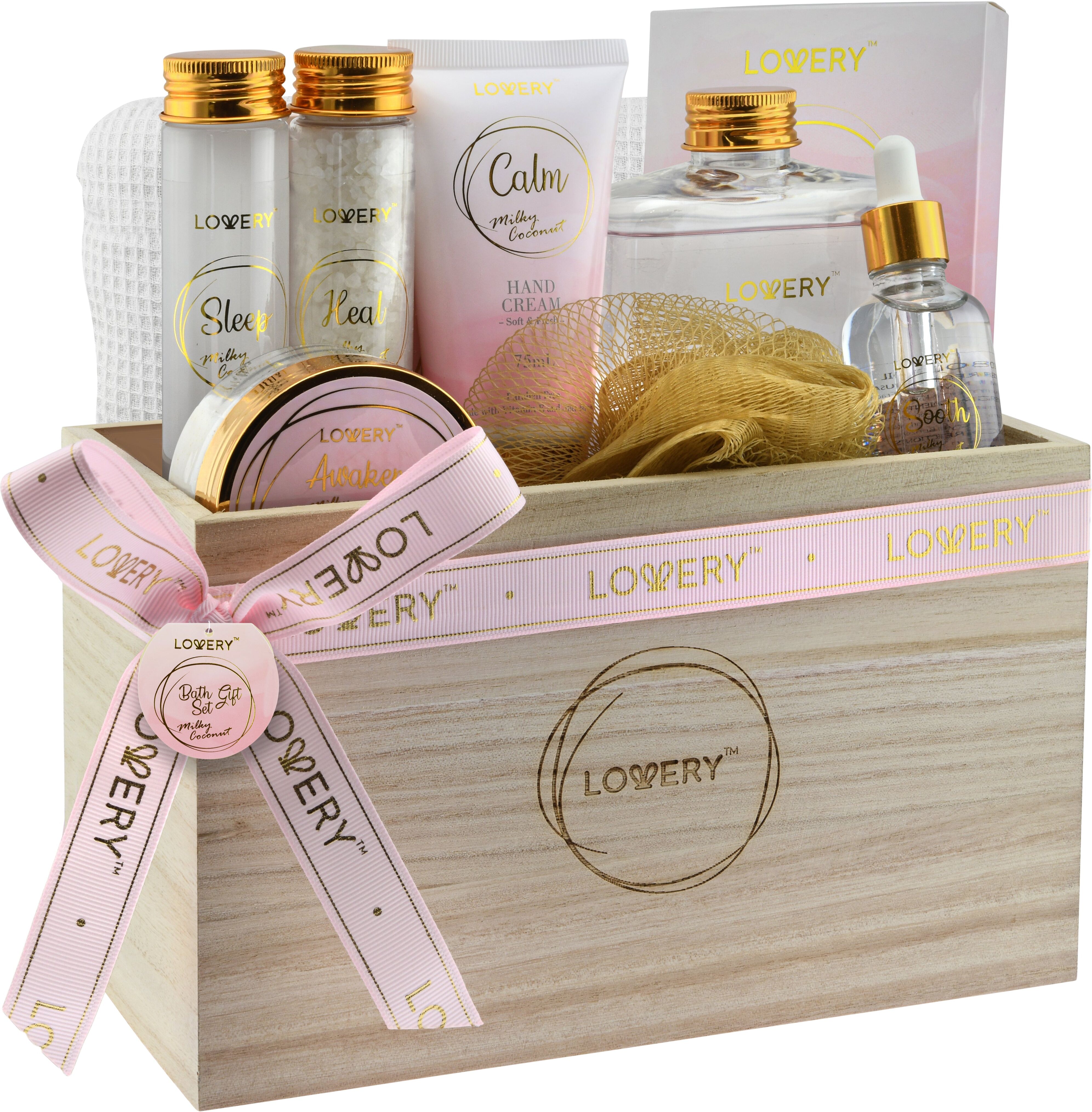 Lovery Luxury Home Spa Gift Basket - Milky Coconut Scent - Bath Pillow, Wooden Crate & More