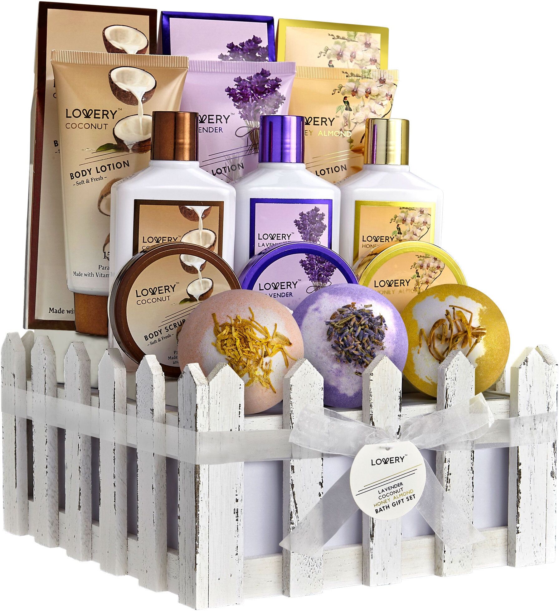 Lovery Home Spa Gift Baskets - Coconut, Lavender, Jasmine & Honey Almond Scent - 16pc