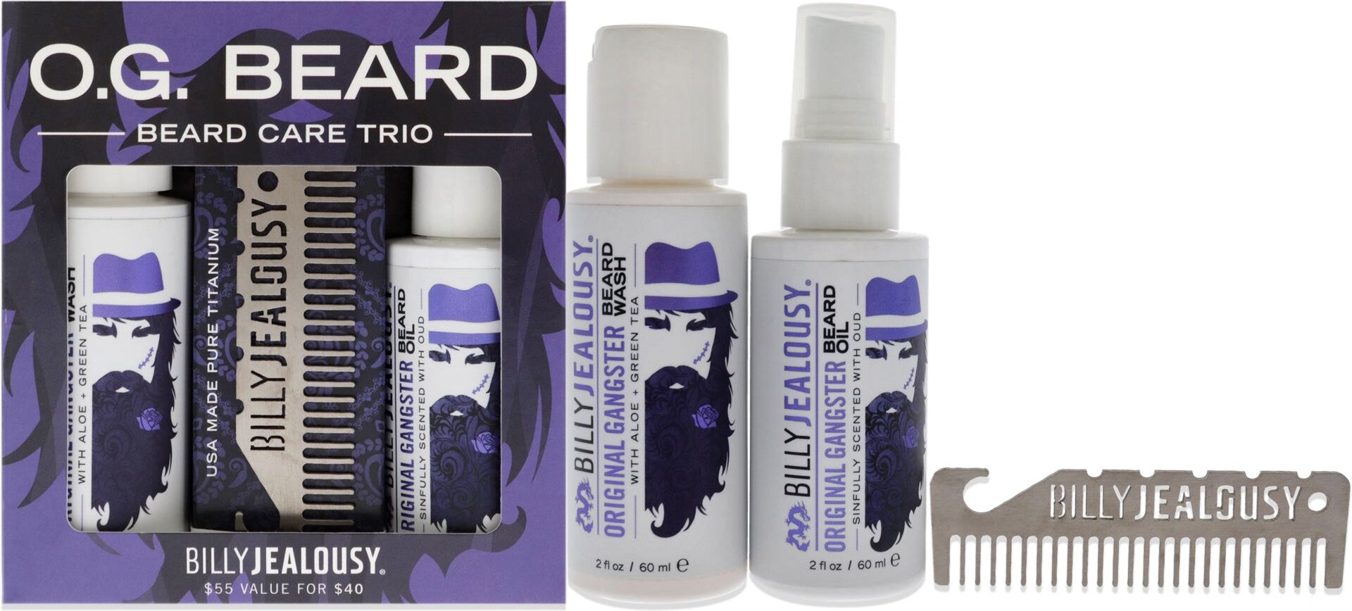 O. G. Beard Care Trio by Billy Jealousy for Men - 3 Pc 2oz Beard Wash, 2oz O. G Beard Oil, Titanium Comb One Size