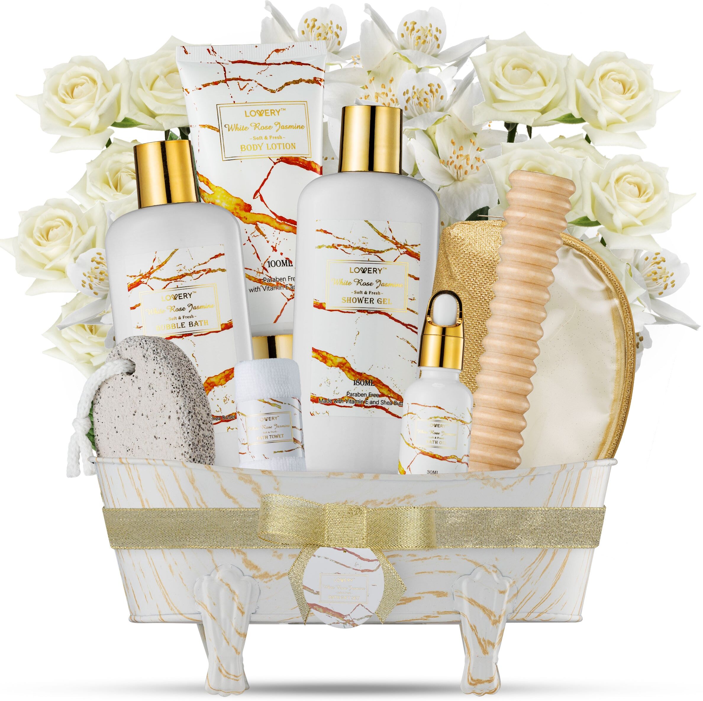 Lovery Home Spa Gift Basket, Self Care Gifts, White Rose Jasmine Bath & Body Gift Basket