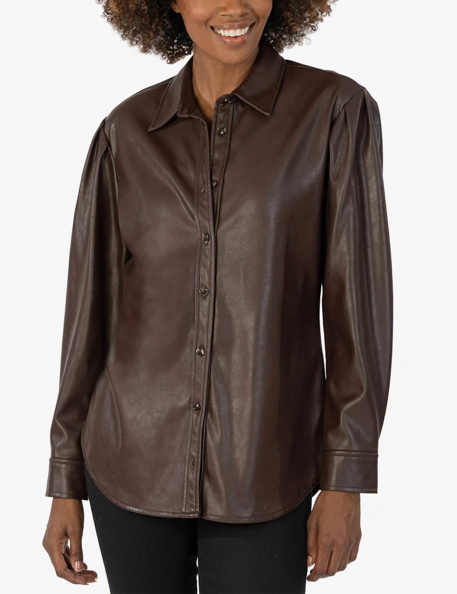Kut From The Kloth Henrietta Pleather Button Down Top In Chocolate Large female