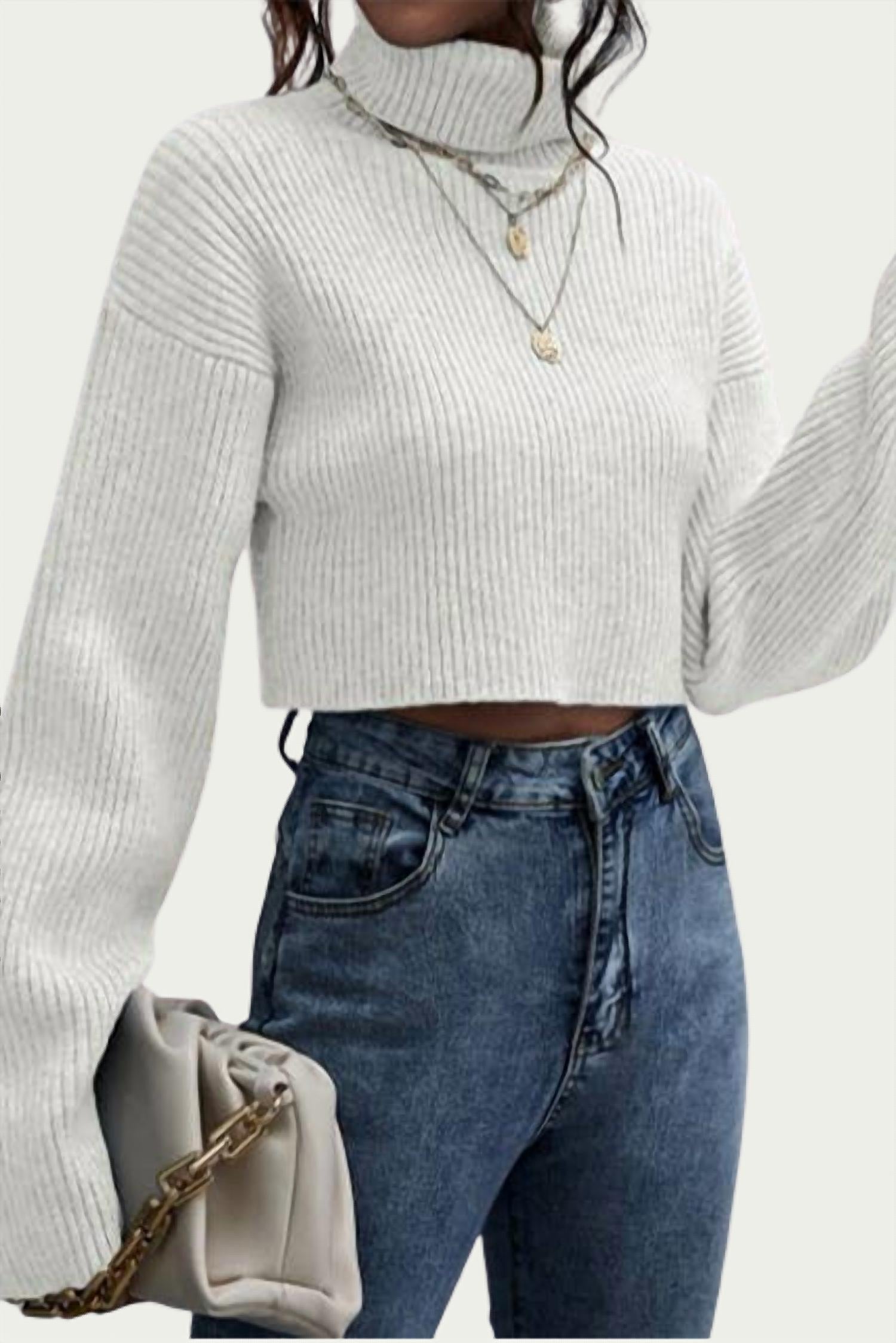 TREND SHOP Ribbed-Knit Cropped Turtleneck Sweater In Ivory Medium female