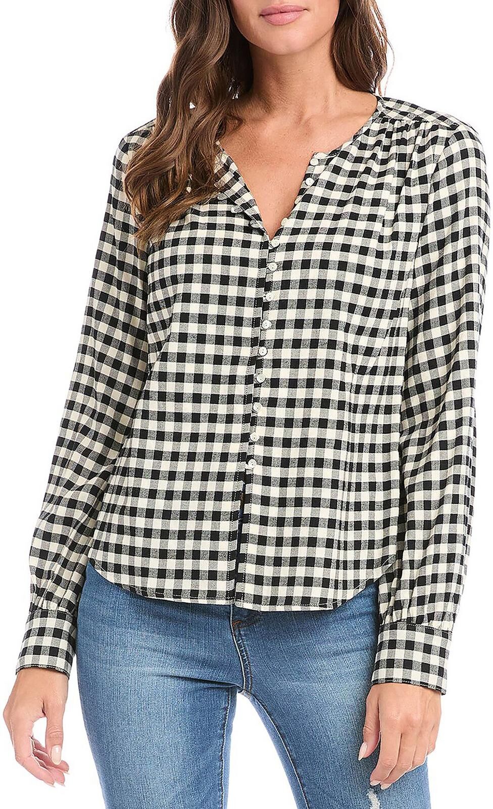 Karen Kane Womens Ginham Check Print Button-Down Top Large female