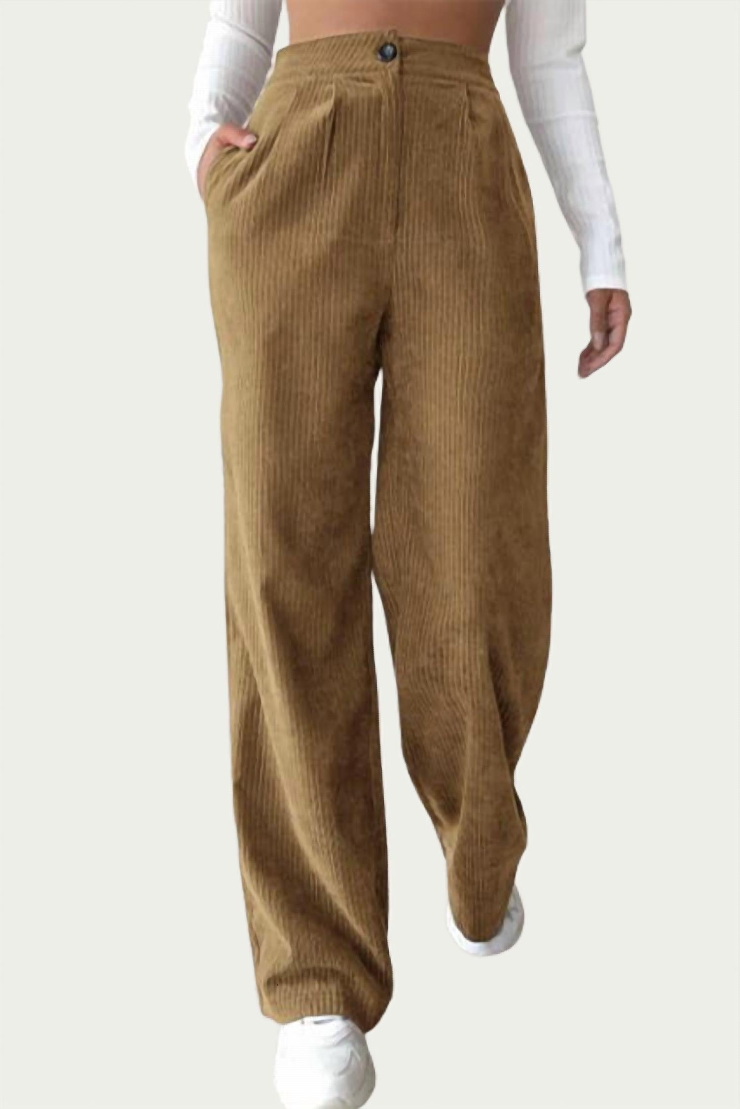 TREND SHOP High-Waist Pleated Corduroy Pant In Camel Large female