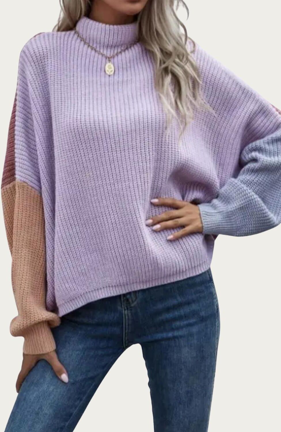 TREND SHOP Slouchy Colorblock Ribbed-Knit Sweater In Lavender Medium female