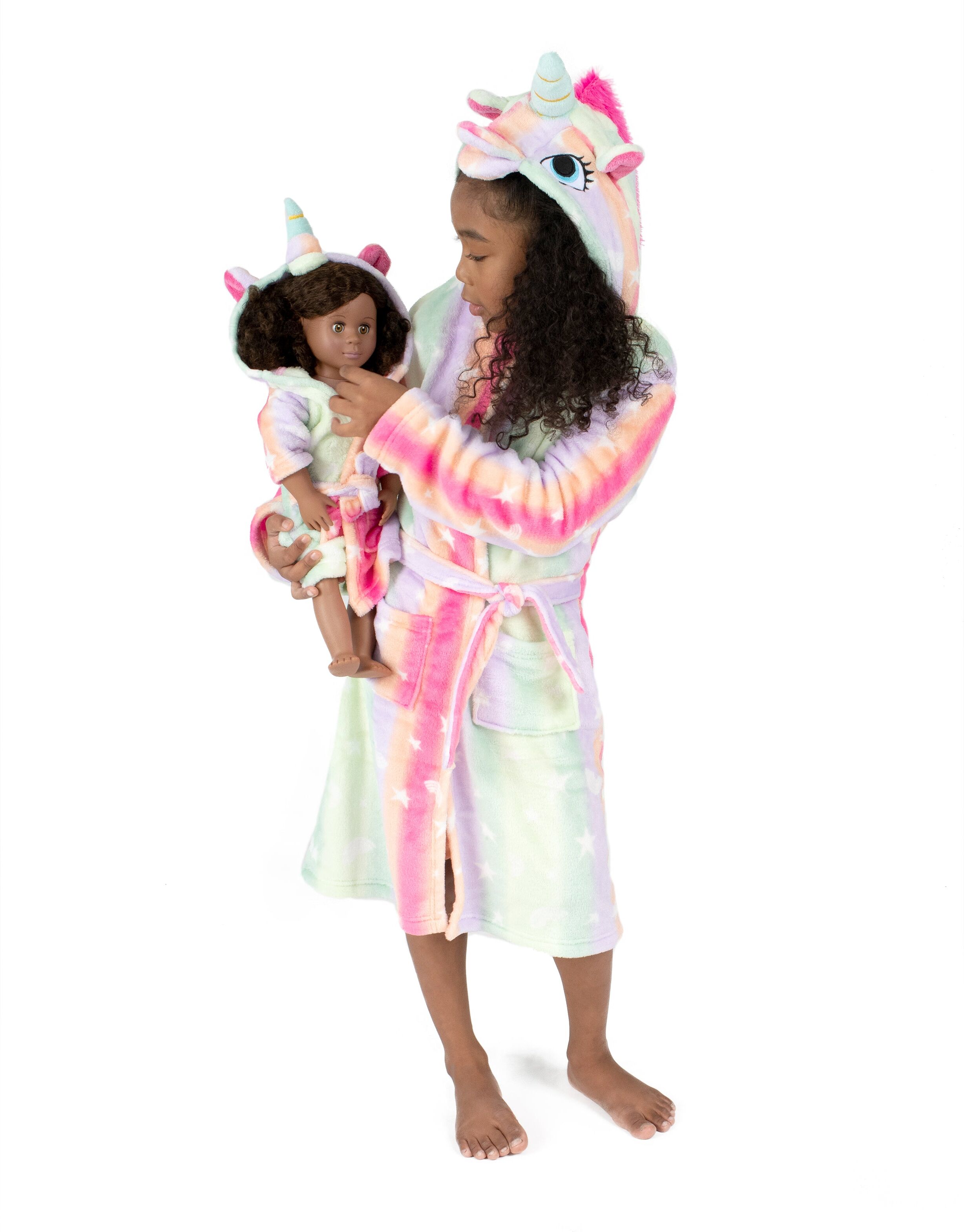 Leveret Christmas Girls and Matching Doll Fleece Hooded Robe Stars US 12 female