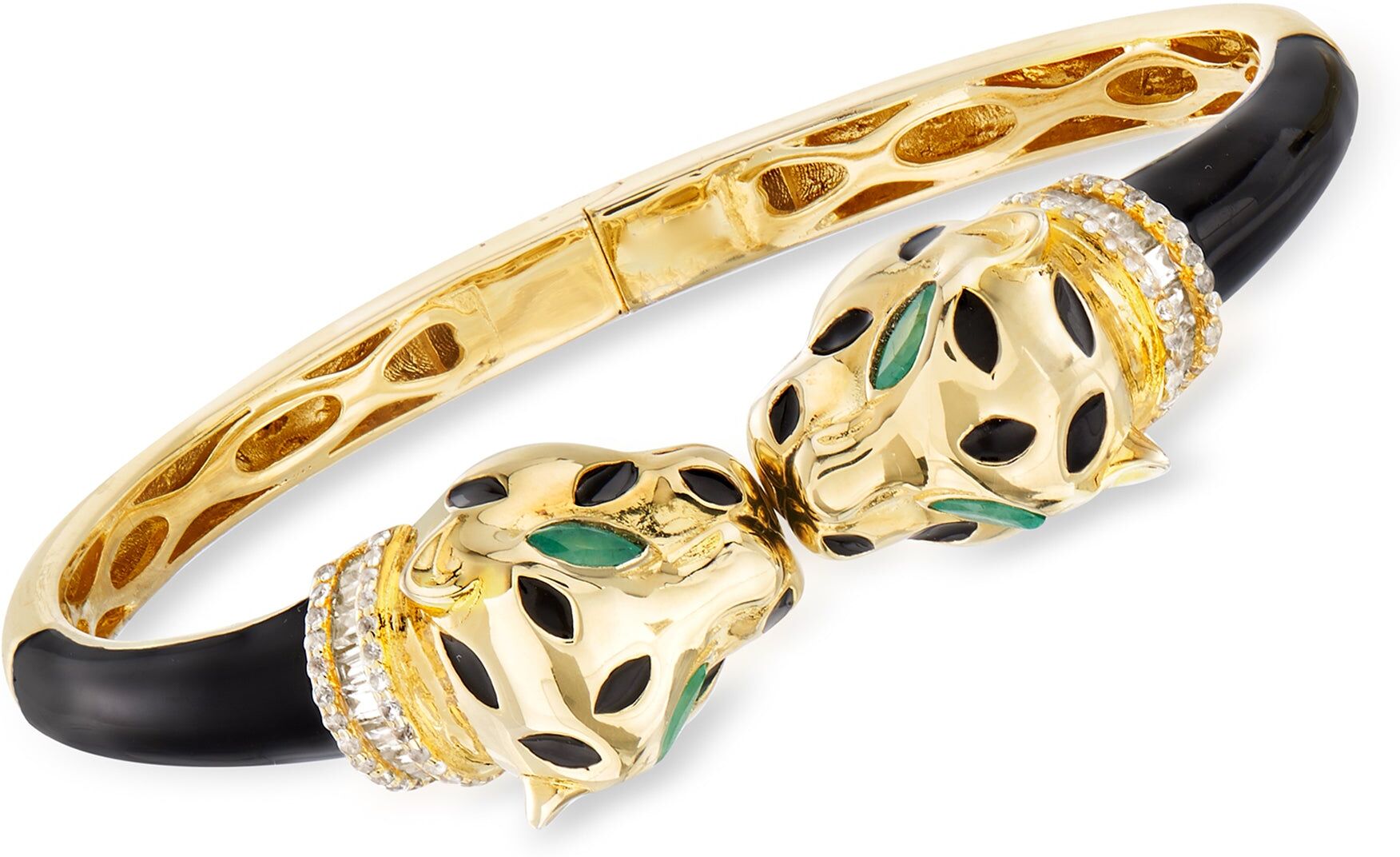 Ross-Simons White Zircon and . Green Chrome Diopside Panther Bangle Bracelet in 18kt Gold Over Sterling With Black Enamel female