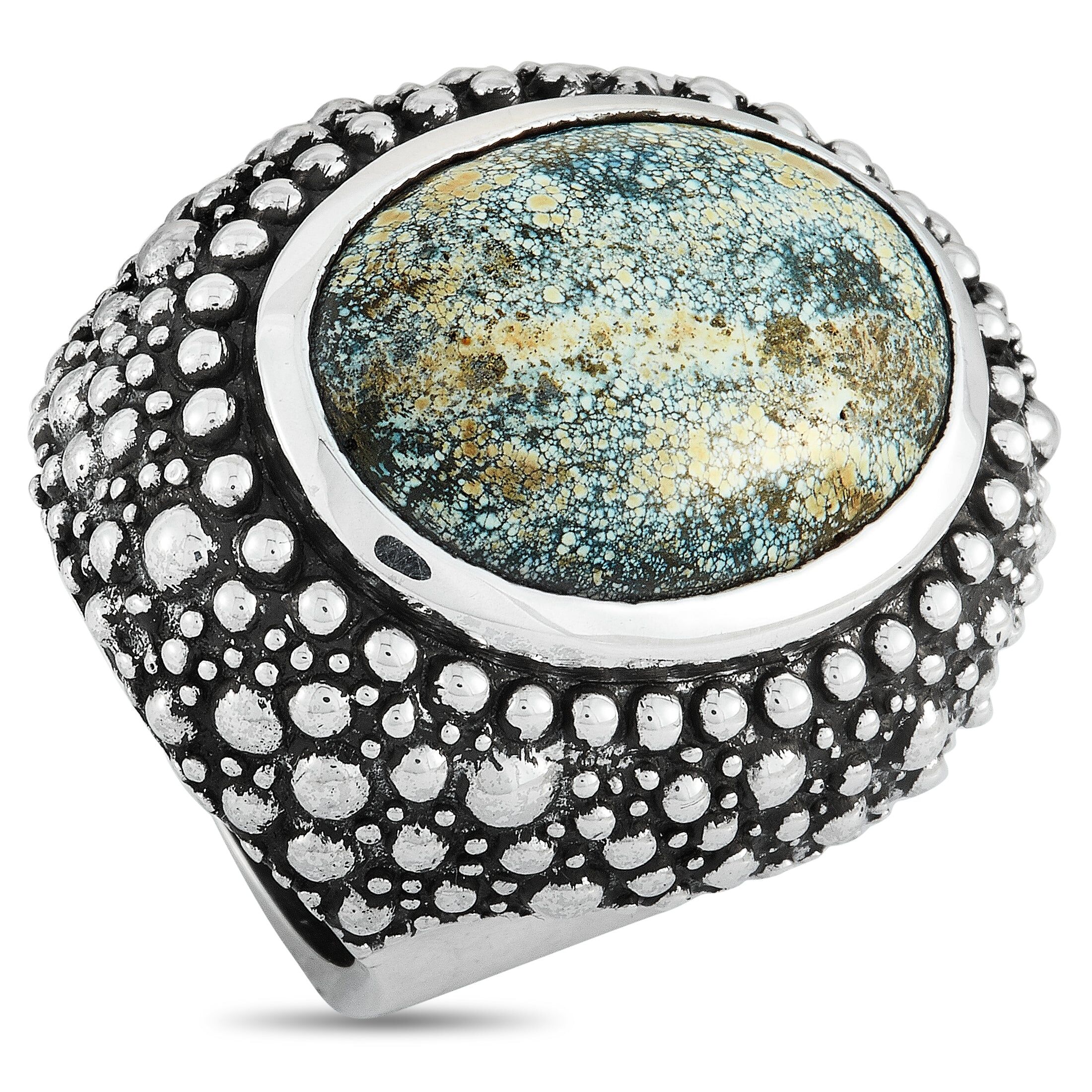 King Baby Silver and Spotted Turquoise Beaded Texture Ring US 9.5 female