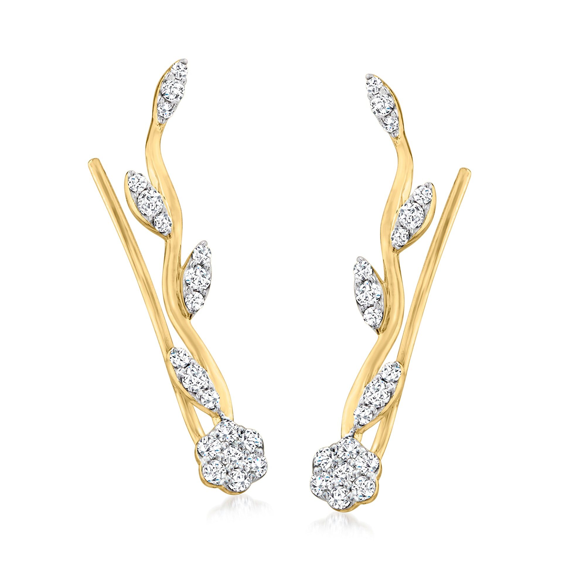 Ross-Simons Diamond Floral Ear Climbers in 14kt Yellow Gold female