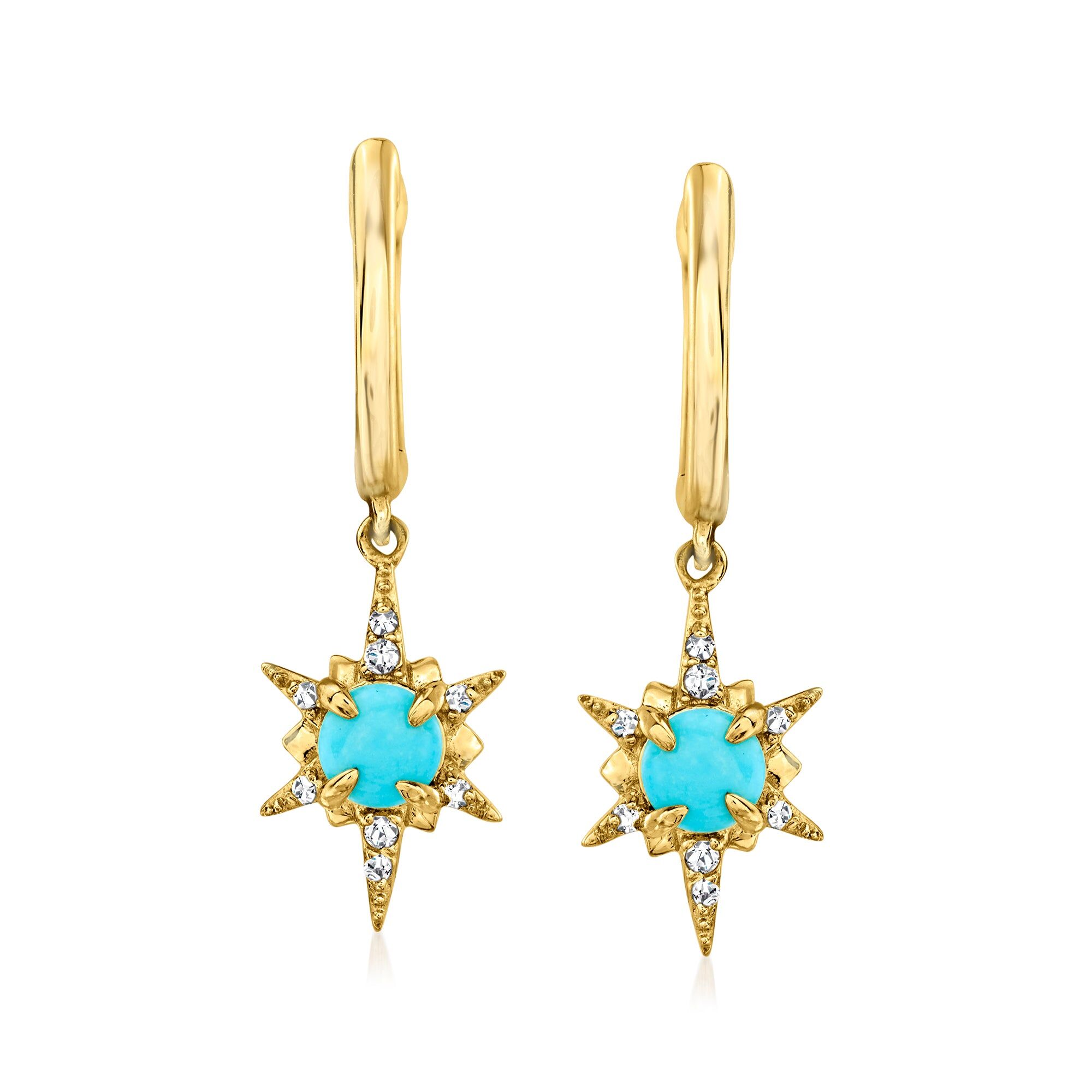Pure Ross-Simons Turquoise North Star Drop Earrings With Diamond Accents in 14kt Yellow Gold female