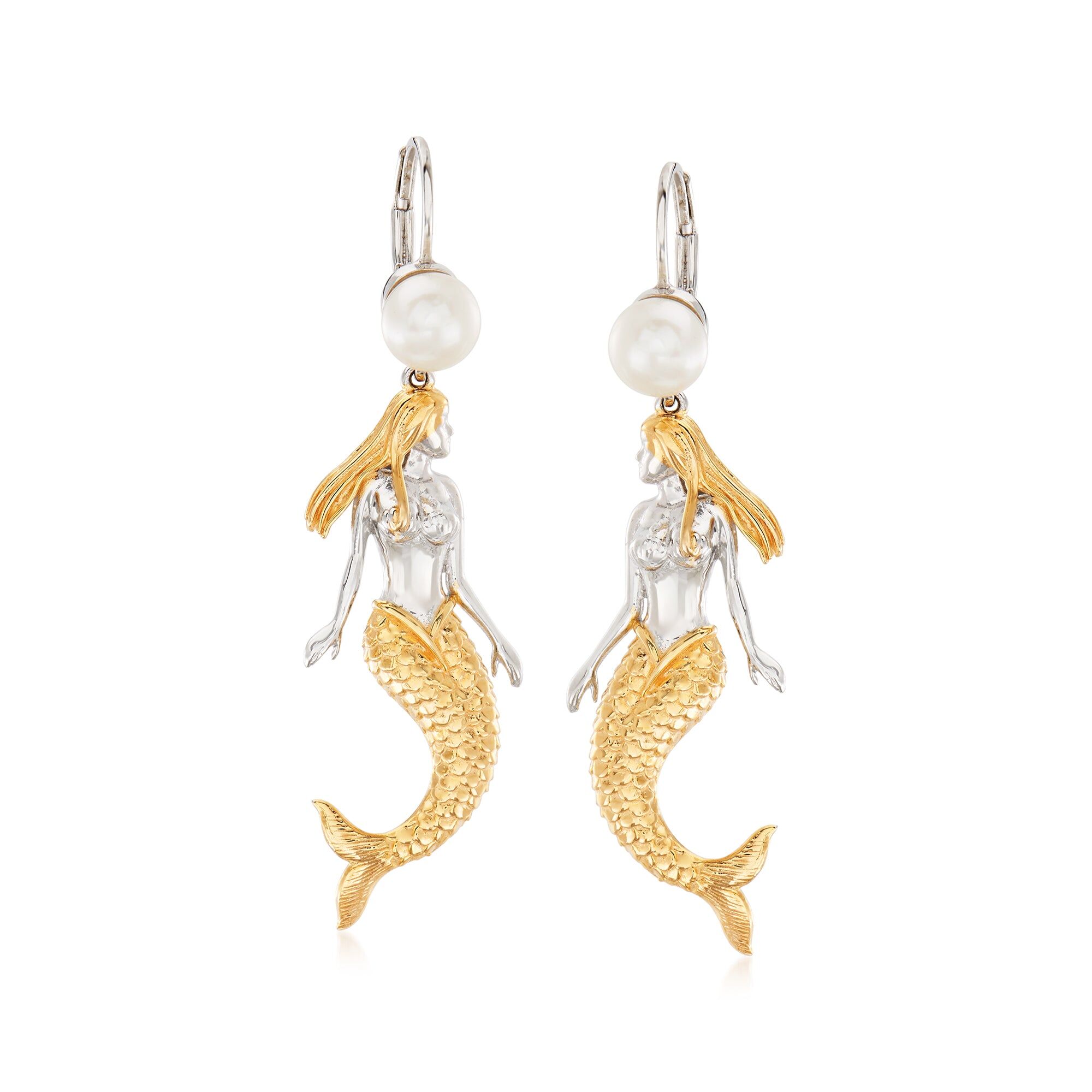 Ross-Simons 6.5-7mm Cultured Pearl Mermaid Drop Earrings in Sterling Silver and 18kt Gold Over Sterling female