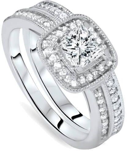 Pompeii3 1 1/6ct Princess Cut Cushion Halo Diamond Engagement Ring Set 14K White Gold US 4.5 female