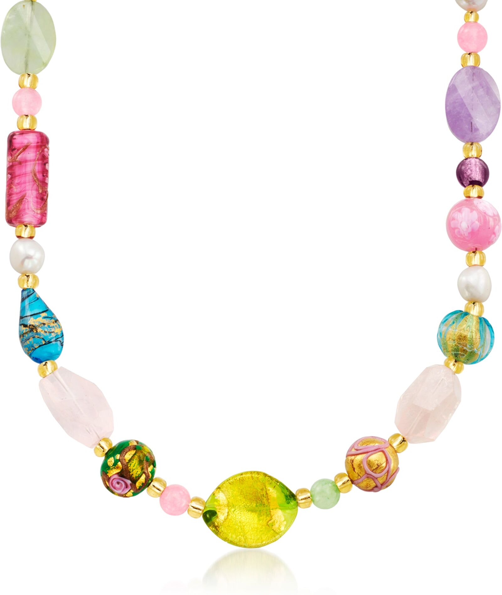 Ross-Simons Italian Multicolored Murano Glass Bead, Multi-Gem Bead and 7-10mm Cultured Pearl Necklace With 18kt Gold Over Sterling female