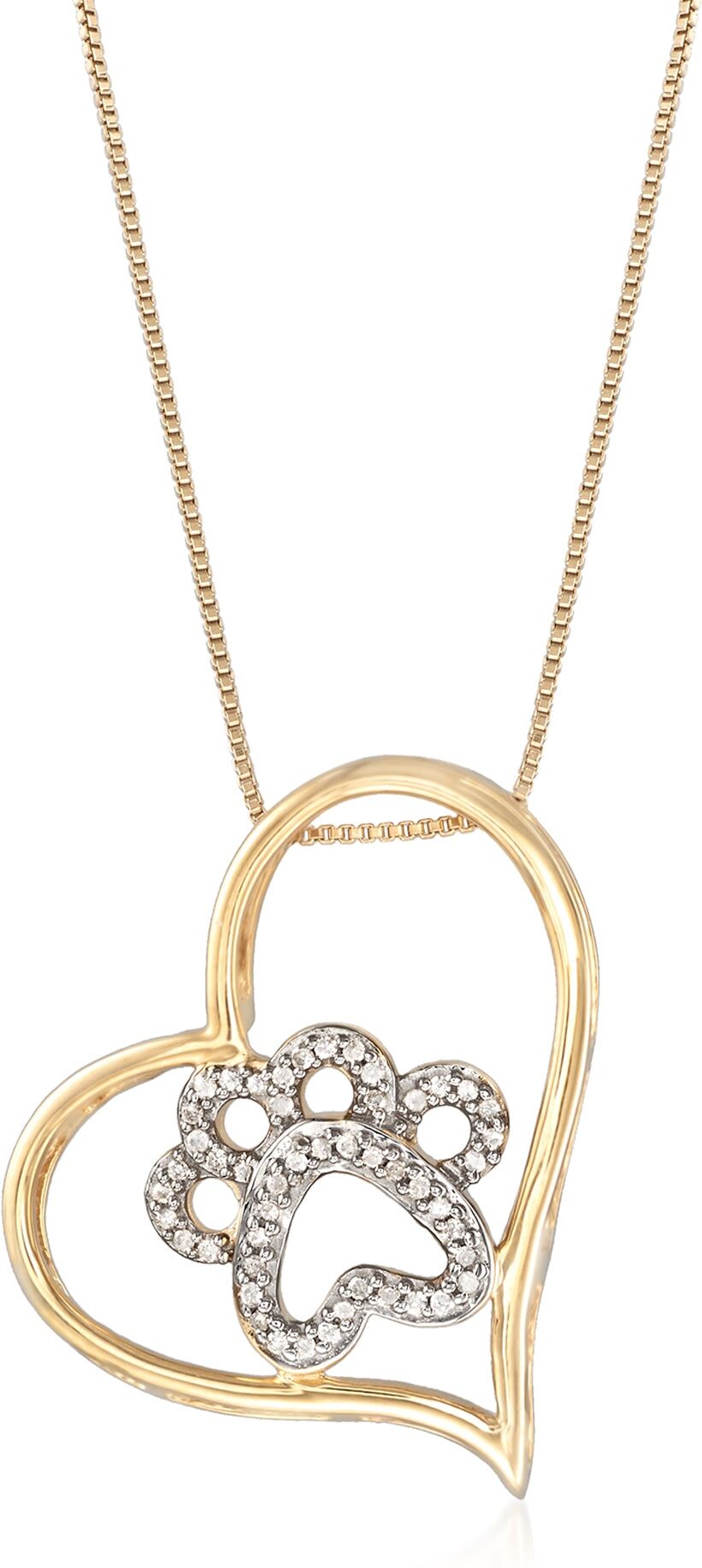 Ross-Simons Diamond Paw Print and Heart Pendant Necklace in 18kt Yellow Gold Over Sterling Silver female