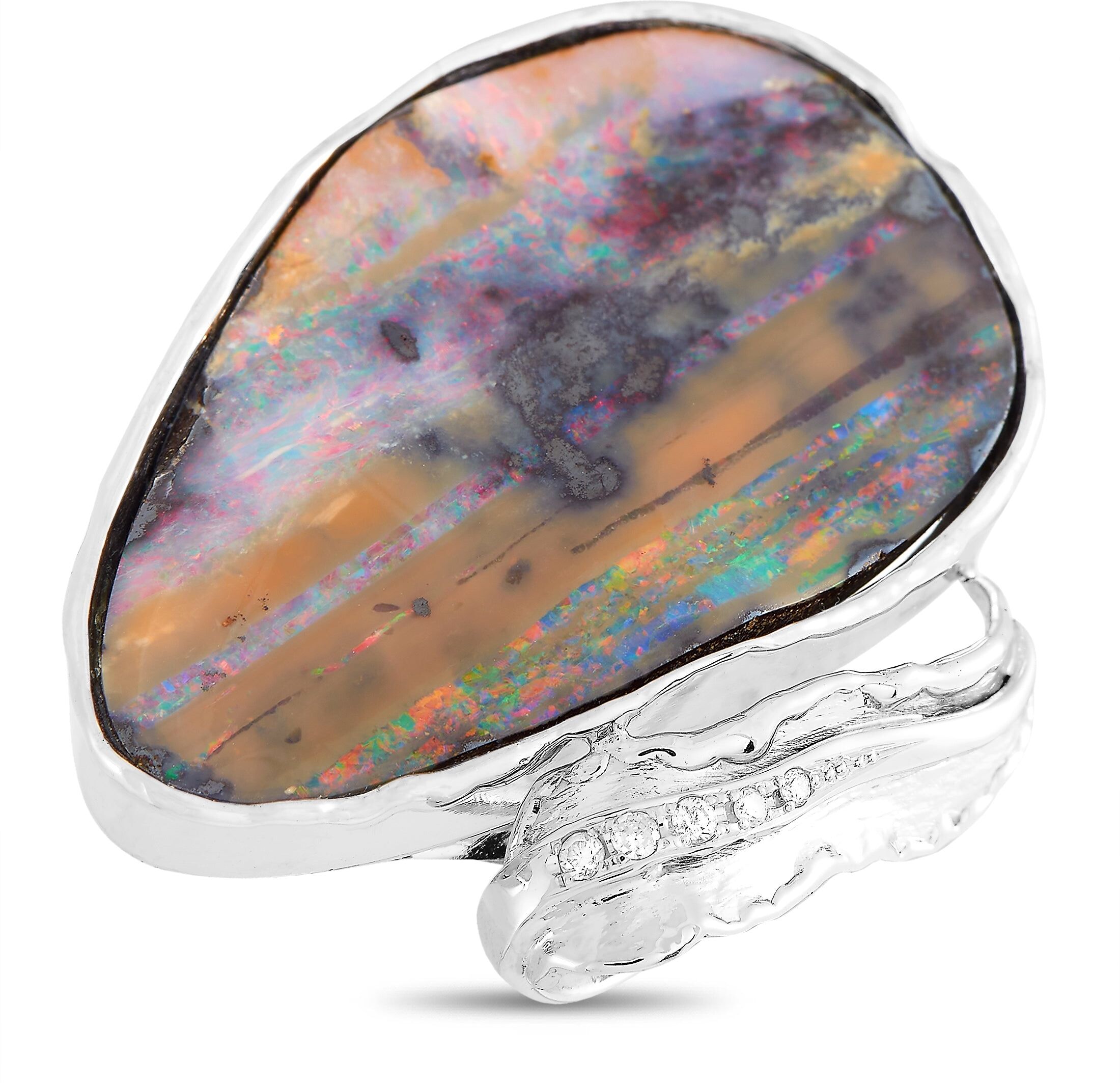 Non Branded LB Exclusive 18K White Gold 0.10 ct Diamond and Boulder Opal Ring US 6 female