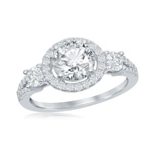 Simona Sterling Silver Round CZ Halo with Side Stones Open Band Engagement Ring - silver - Size: US 6