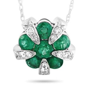 Non Branded LB Exclusive 14K White Gold 0.09 ct Diamond and Emerald Round Pendant Necklace - green