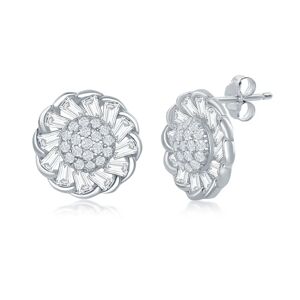 Simona Sterling Silver Micro Pave Center & Baguette CZ Border Flower Design Stud Earrings - silver